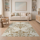 Beige and Neutral Elegant Beige Damask Floral Area Rug
