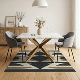 Modern Geometric Black Gold Ivory Area Rug