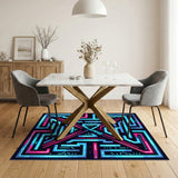 Neon Blue Geometric Maze Area Rug