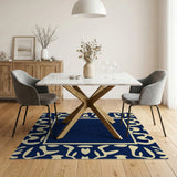Navy Blue Ivory Floral Border Area Rug