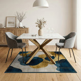 ODIKA Modern Abstract Blue and Gold Washable Rug - Low Pile Non-Slip Area Rug