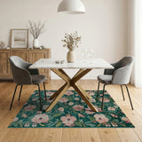 Emerald Green Pink Blossom Floral Area Rug