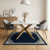 Navy Blue Ornate Geometric Border Rug
