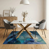 Washable Abstract Blue & Gold Celestial Fluid Area Rug