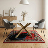 Black Cat on Red Dotted Persian Rug