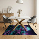 ODIKA Retro Synthwave Neon Grid Washable Area Rug - 80s Cyberpunk Non-Slip Low Pile Decor