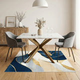 Navy Blue Abstract Wave Area Rug with Gold