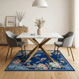 Navy Blue Peony Bluebird Floral Rug