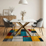 ODIKA Washable Geometric Color Block Area Rug, Mid-Century Modern Low Pile Non-Slip Carpet