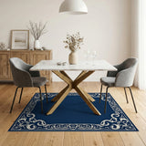 Navy Blue Ornate Floral Frame Area Rug