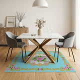 Ornate Pink Rose Gold-Framed Blue Area Rug