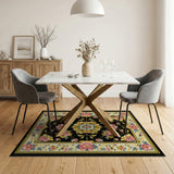 Black Persian Floral Area Rug with Pink Peonies Gold