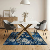 Navy Blue Peony and Bluebird Oriental Area Rug
