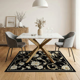 ODIKA Washable Baroque Floral Area Rug - Elegant Black & Gold Vintage Non-Slip Low Pile Rug