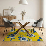 ODIKA Washable Yellow and Blue Sunflower Area Rug - Low Pile Non-Slip Floral Carpet