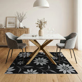 Elegant Silver Floral Black Area Rug