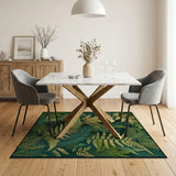 ODIKA Washable Dark Green & Gold Botanical Fern Area Rug - Low Pile, Non-Slip, Pet Friendly
