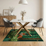 Whimsical Red Fox in Enchanted Green Forest Rug