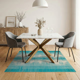 Teal Striped Geometric Area Rug with Ivory Shapes