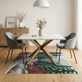 Snowy Pine Forest Path with Red Shrubs Area Rug