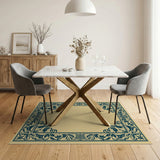 Ornate Teal Floral Border Beige Area Rug