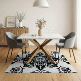 Ornate Black Teal Damask Floral Rug