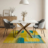 Vibrant Yellow Teal Curved Geometric Area Rug