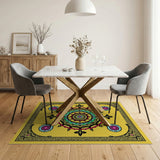 Vibrant Yellow Mandala Area Rug with Multi-Color Patterns