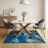 Blue and Gold Palm Leaf Washable Area Rug