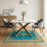 Ornate Teal Persian Area Rug with Gold Floral Motifs