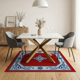 Ornate Red Persian Area Rug with Navy Blue Border