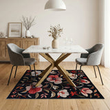 Red Pink Floral Blooms Area Rug on Black
