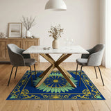 Navy Blue Gold Floral Sunburst Medallion Rug