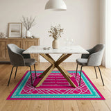Pink Teal Geometric Border Area Rug