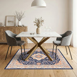 Navy Blue Orange Floral Persian Area Rug