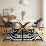 Bold Geometric Grid Black White Area Rug