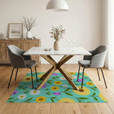 Vibrant Teal Floral Area Rug with Sunflowers Daisies Tulips