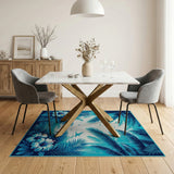 Teal Palm Fronds Hibiscus Coastal Area Rug