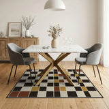 Geometric Grid Area Rug Black Beige Red Gold