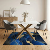 Navy Blue Gold Layered Abstract Wave Rug