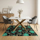 Teal Lotus Floral Area Rug on Black