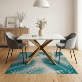 Teal Palm Frond Coastal Beach Area Rug