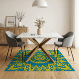 Teal Blue Mandala Persian Area Rug with Golden Flourishes