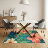Blue Teal Hibiscus Floral Washable Area Rug