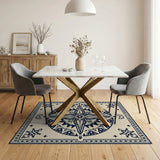 Beige and Neutral Navy Mandala Persian Area Rug