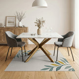 Serene Teal Leaf Border Beige Area Rug