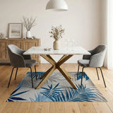 ODIKA Washable Tropical Palm Leaf Area Rug, Blue & Grey Low Pile Non-Slip Carpet