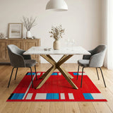 Bold Red Geometric Area Rug with Blue White Accents