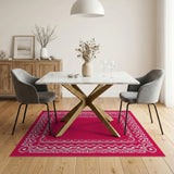 Ornate Red Border Area Rug with White Lace Patterns