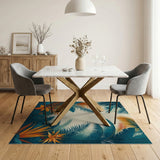 Teal Palm Frond Area Rug with Orange Hibiscus